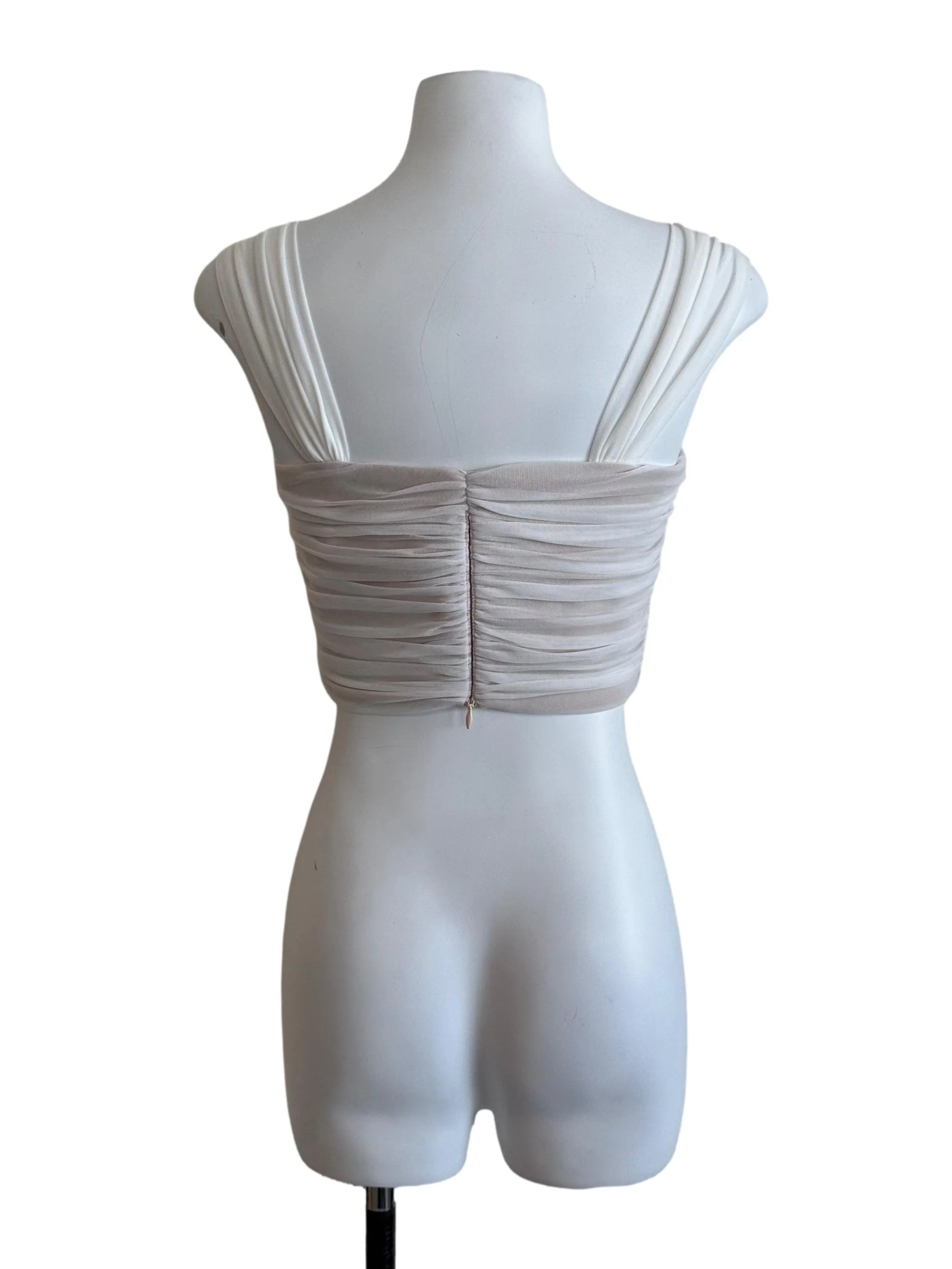 White Beige Mesh Net Ruched Top - Image 2