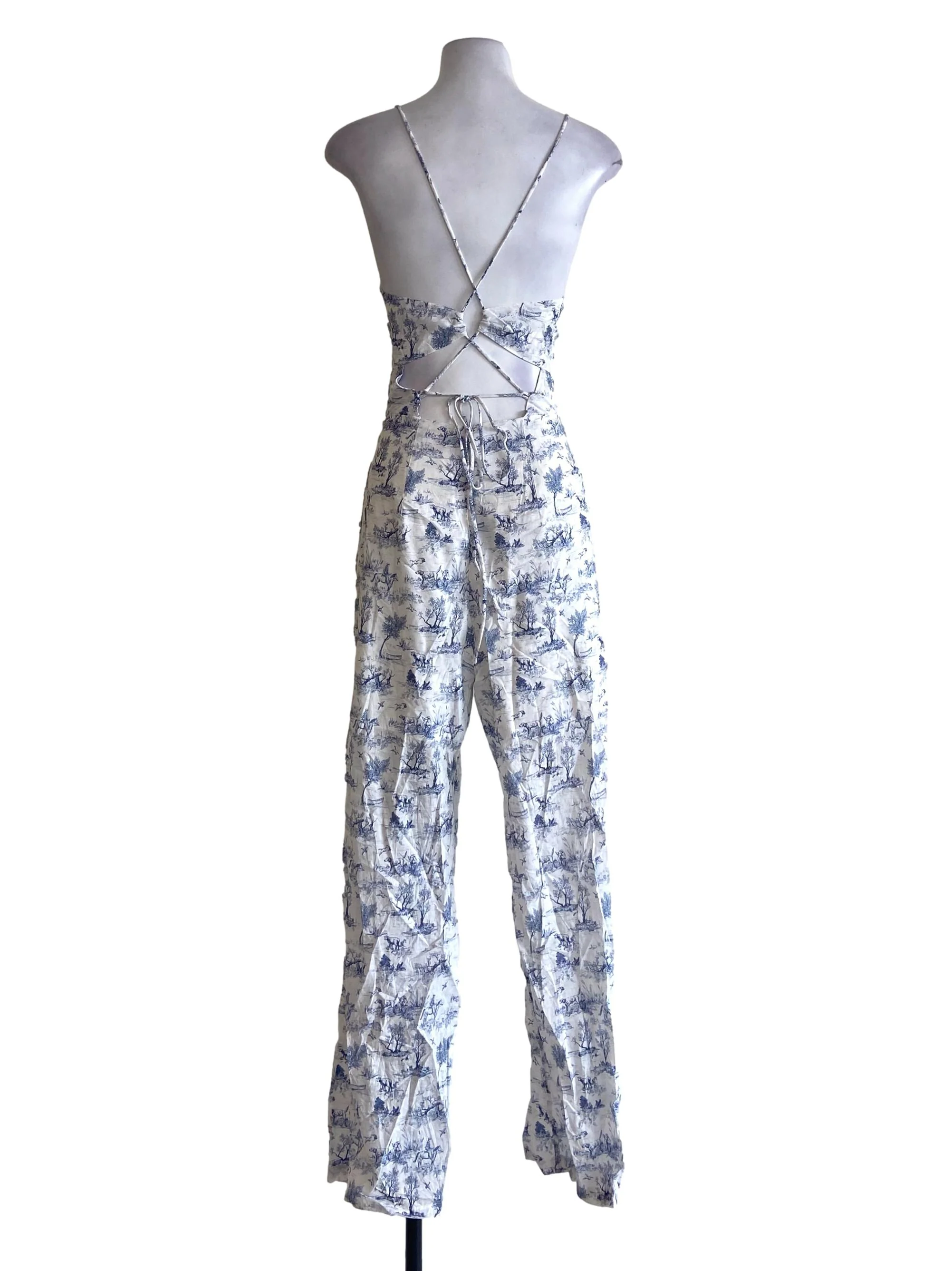 White & Blue Floral Spaghetti Strap Jumpsuit - Image 2