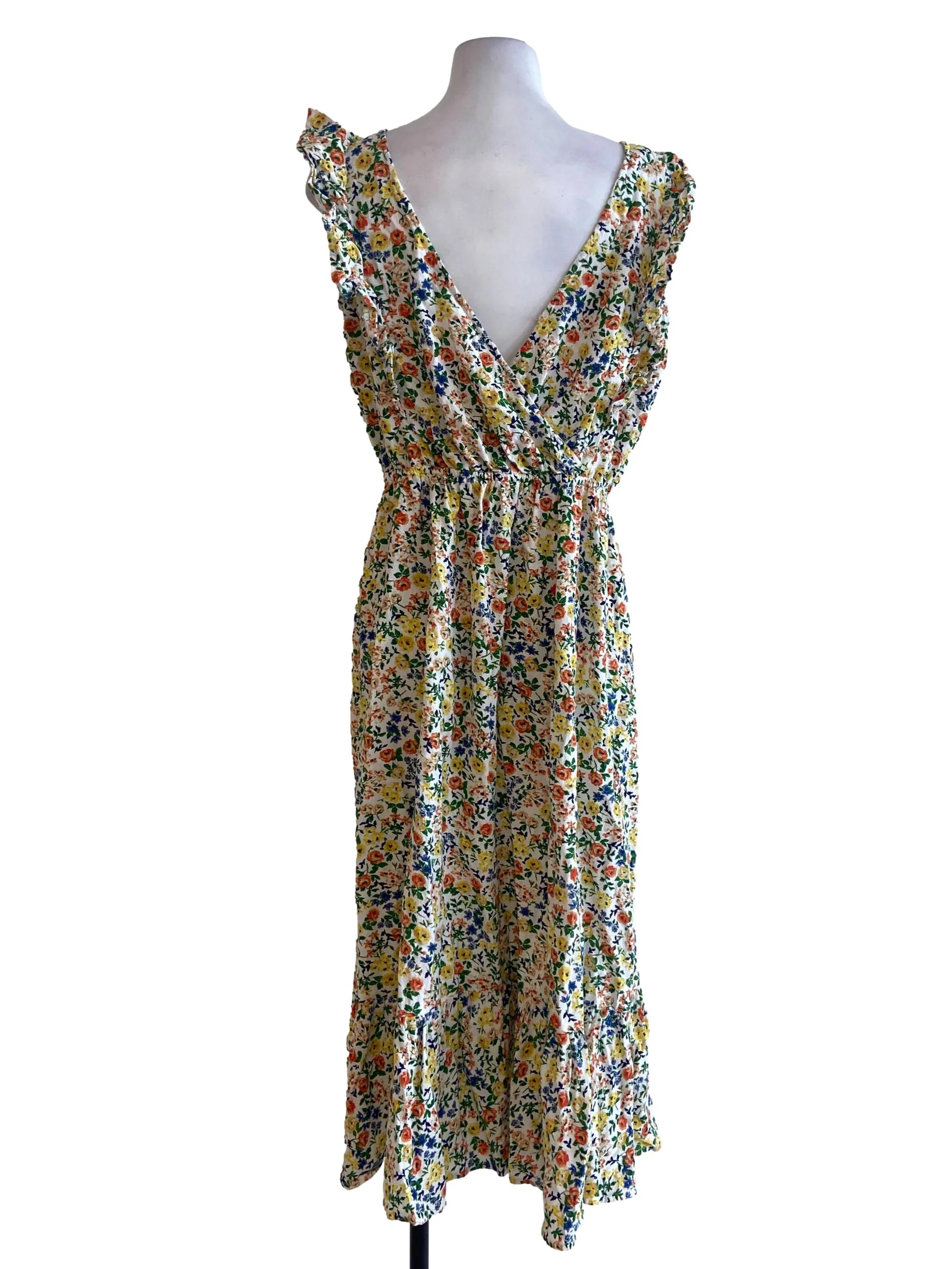 White & Colourful Floral Ruffle Sleeve Dropwaist Dress - Image 2