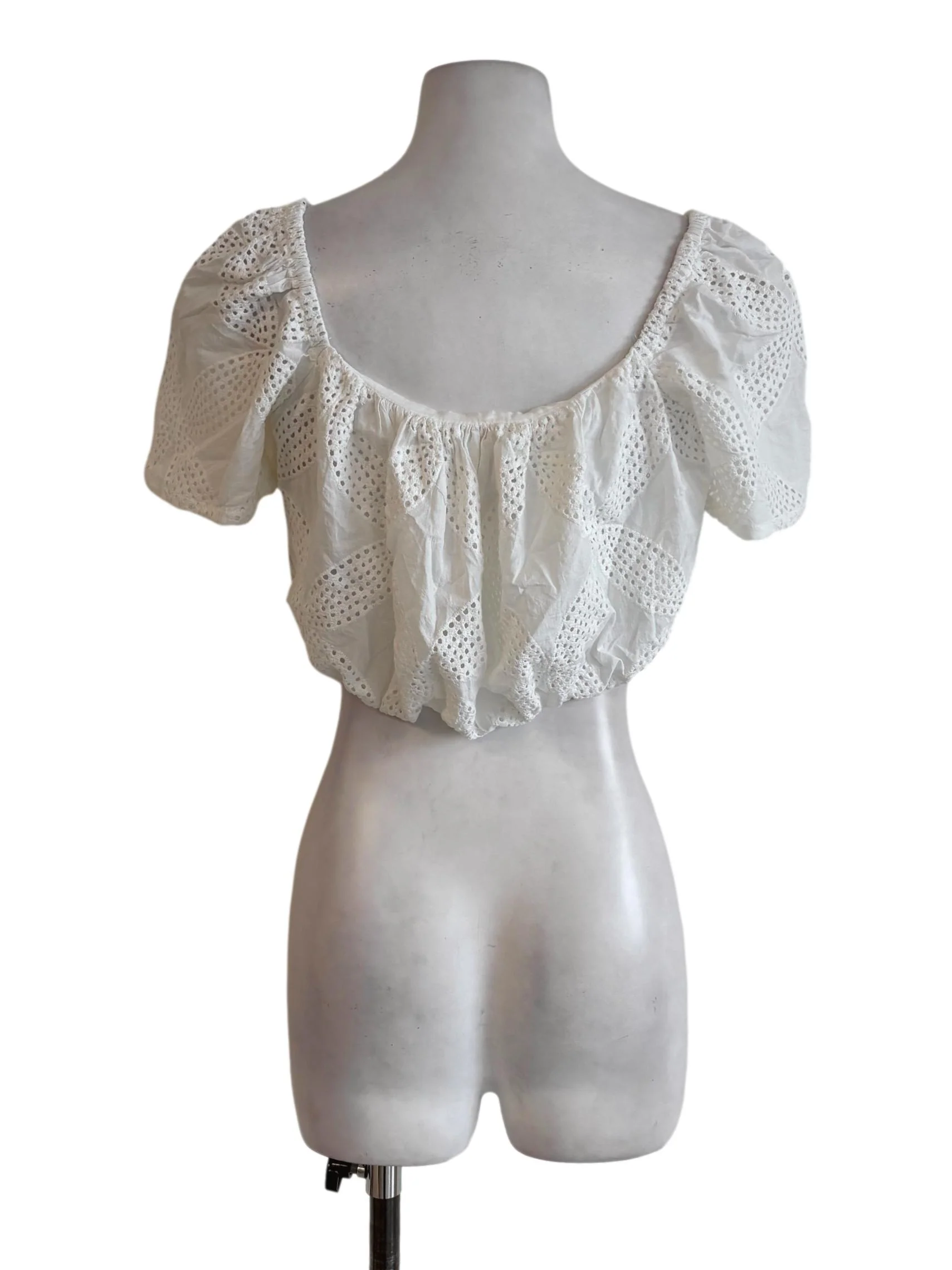 White Cotton Eyelet Bubble Crop Top - Image 2