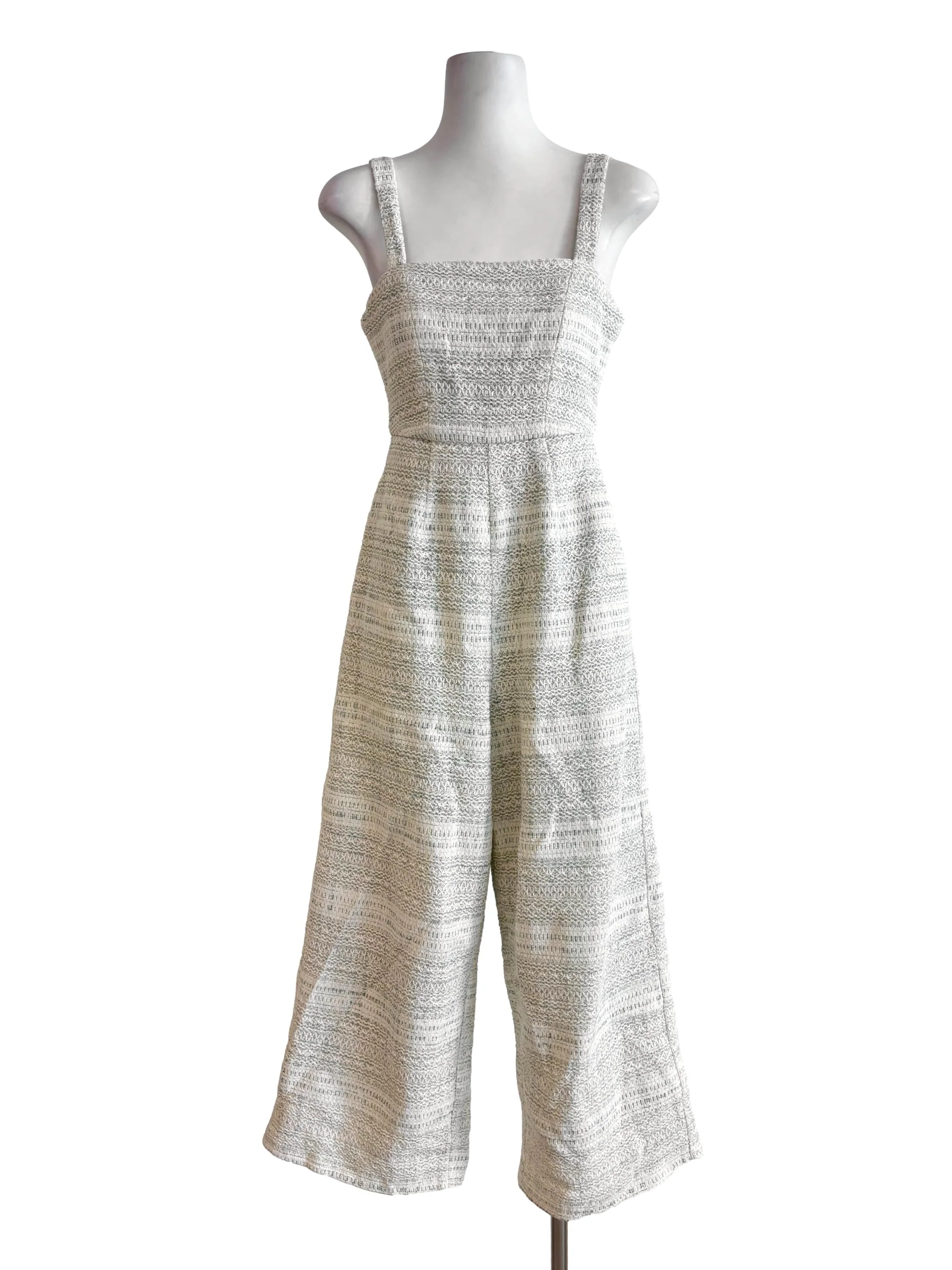 White Green Apron Neck Tweed Jumpsuit