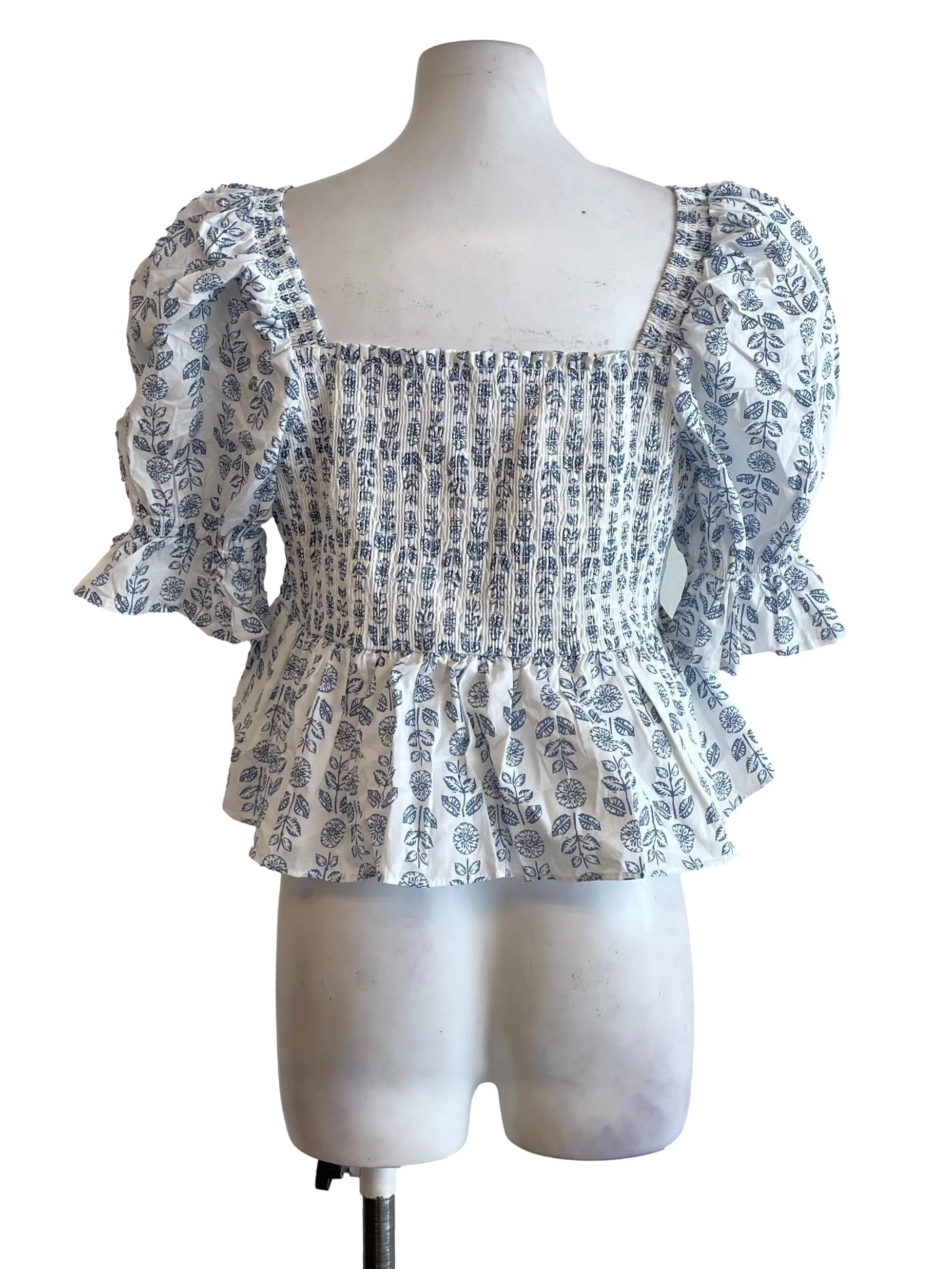 White Blue Puff Sleeves Shirred Top - Image 2