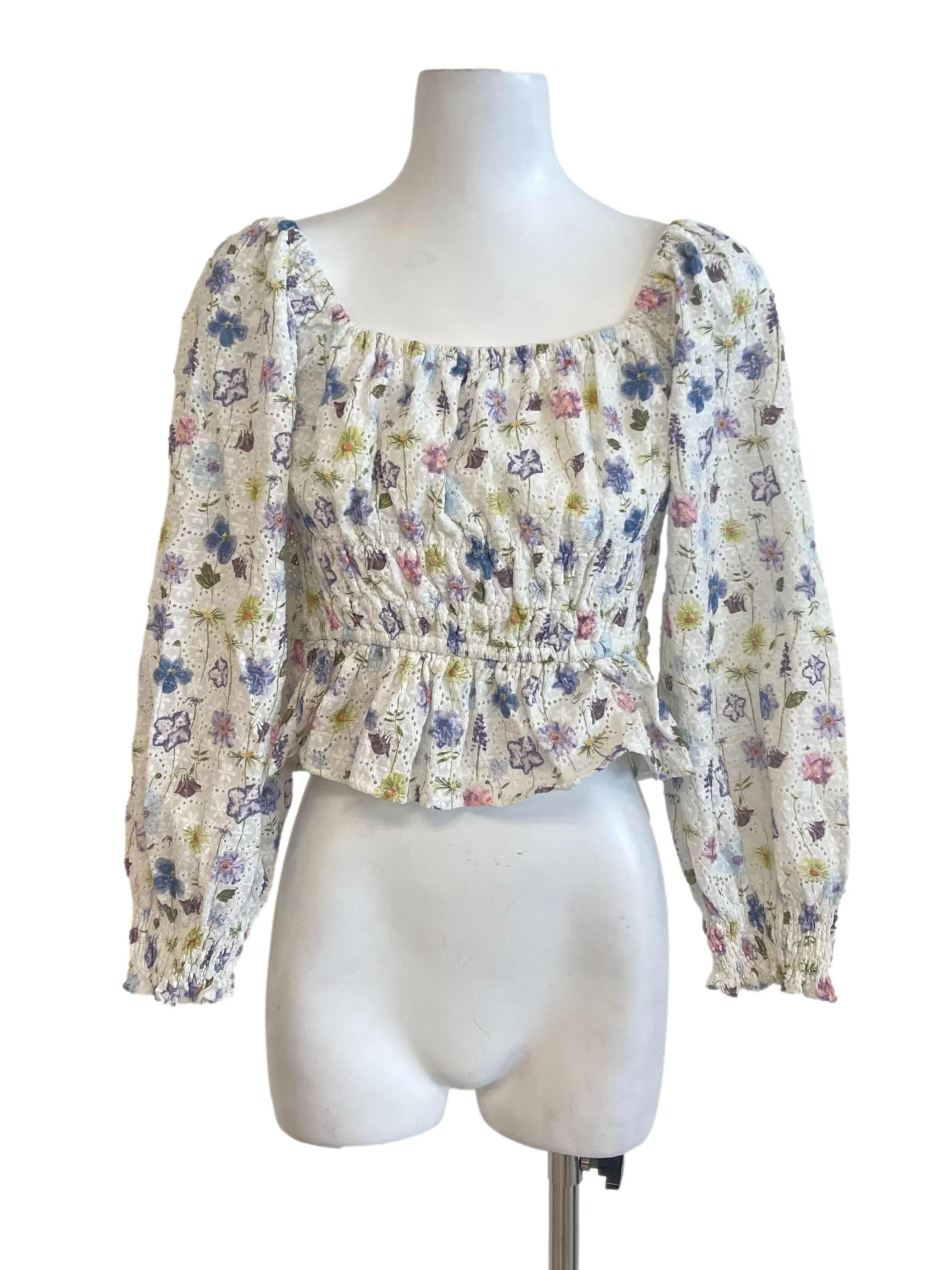 White Purple Floral Embroidered Peasant Top