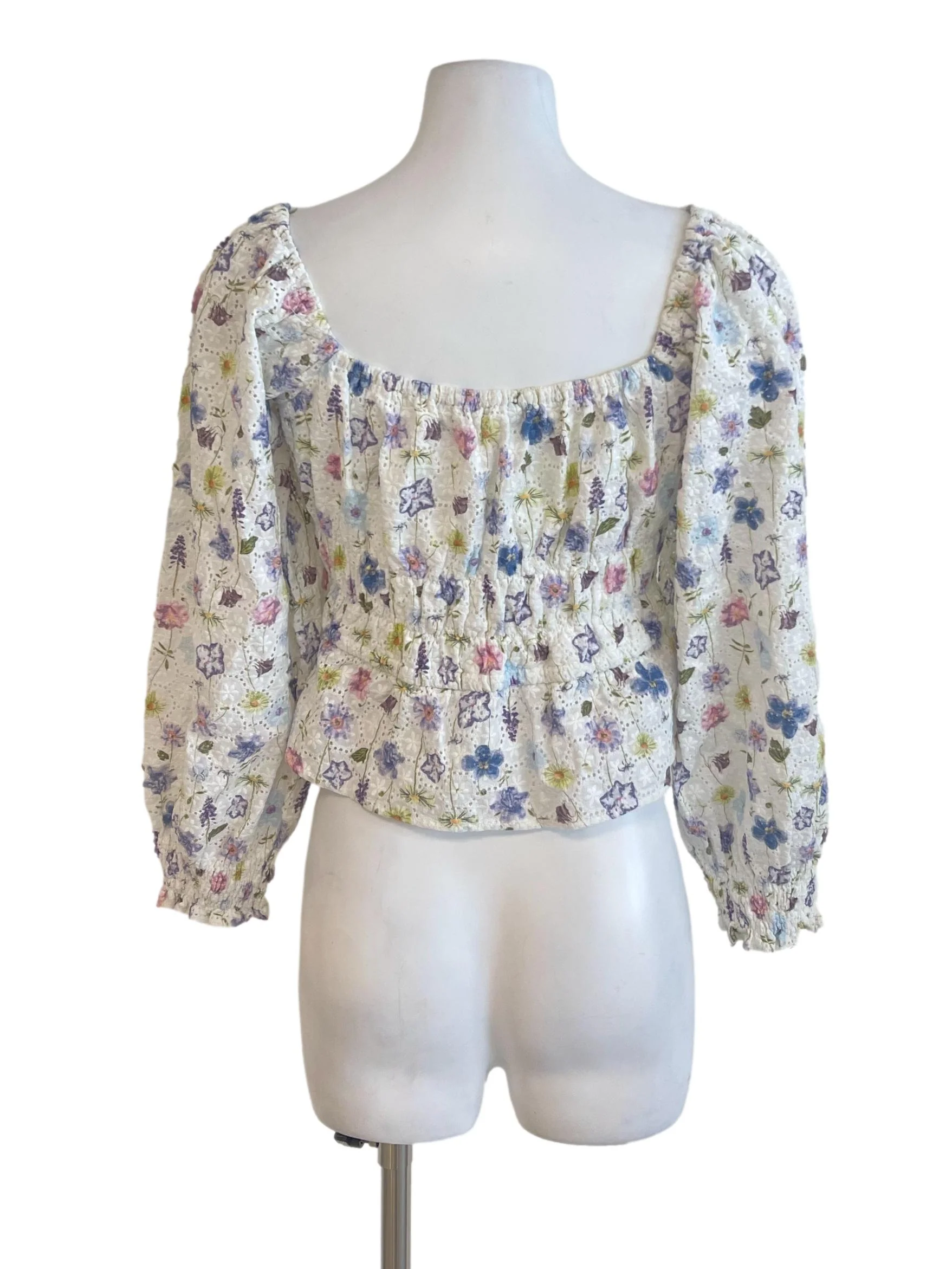 White Purple Floral Embroidered Peasant Top - Image 2