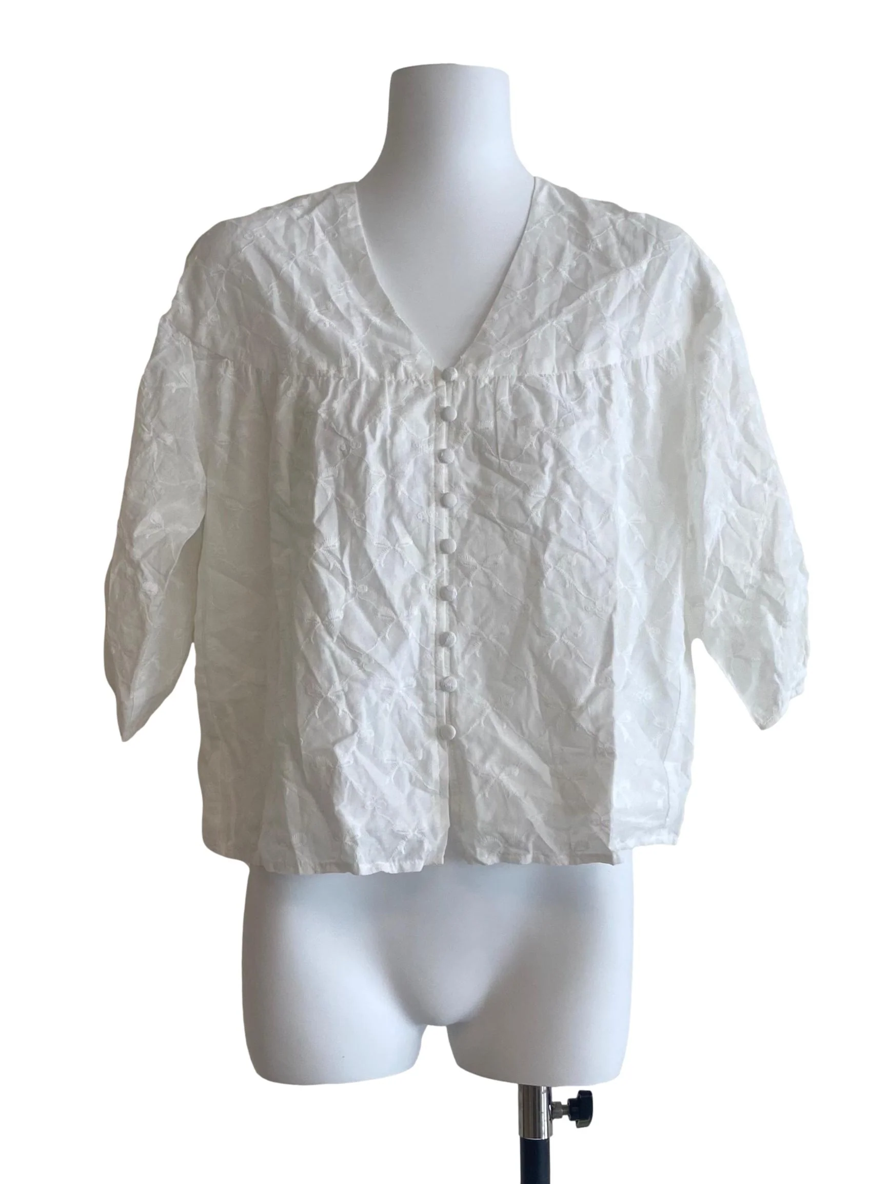 White & Ribbon Embroidery Button Down Blouse