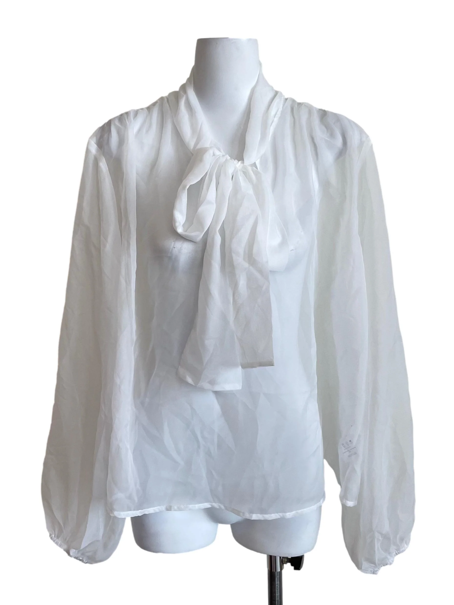 White Tie Front Puff Sleeve Sheer Blouse