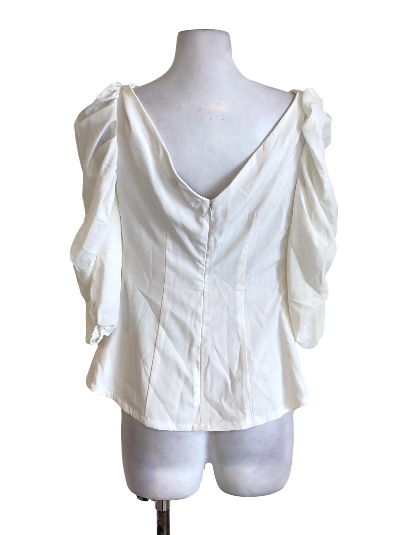 White V-Neck Wrapped Puffed Sleeve Blouse - Image 2