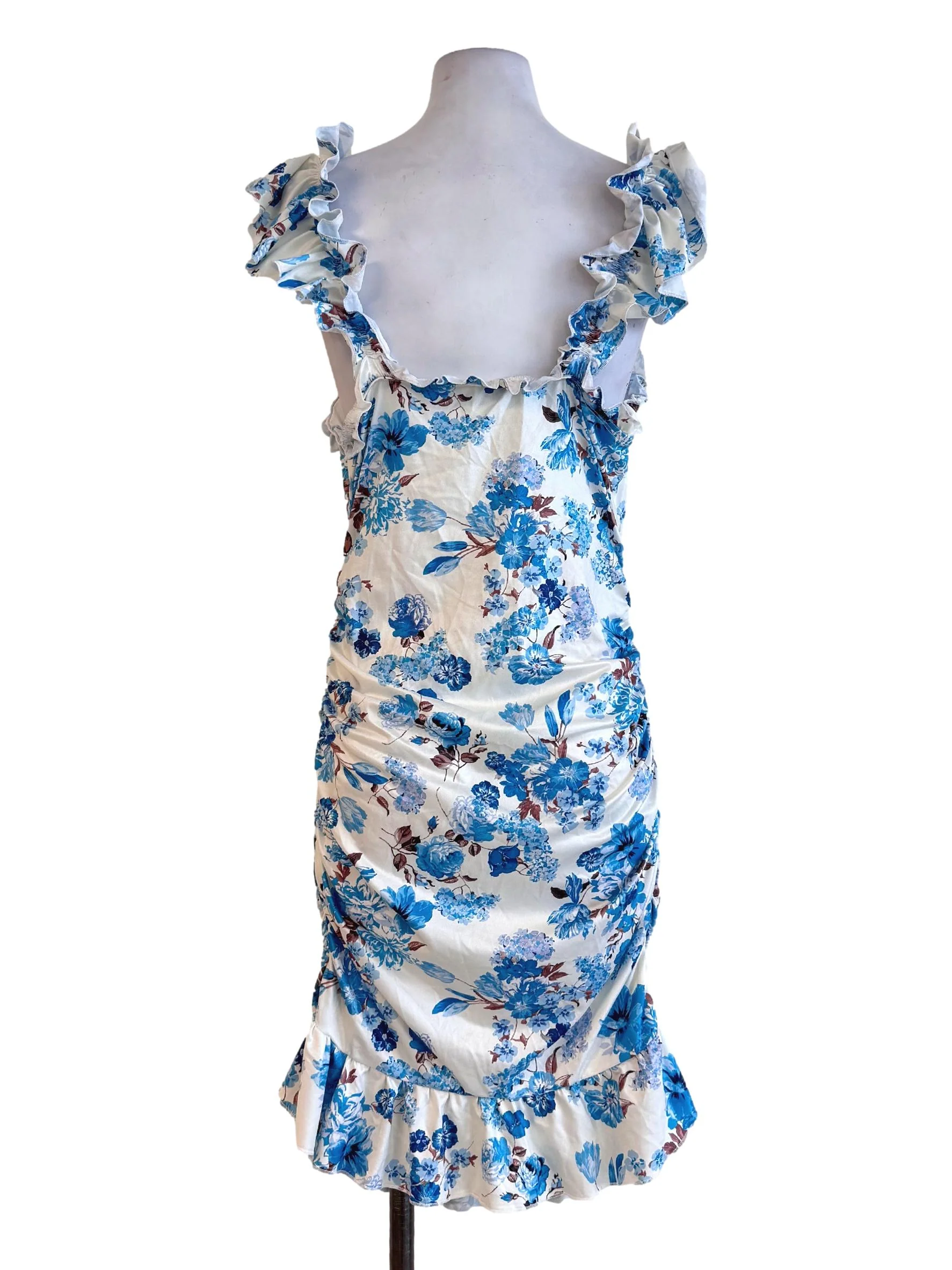 White With Blue Floral Ruched Lycra Dress - Image 2