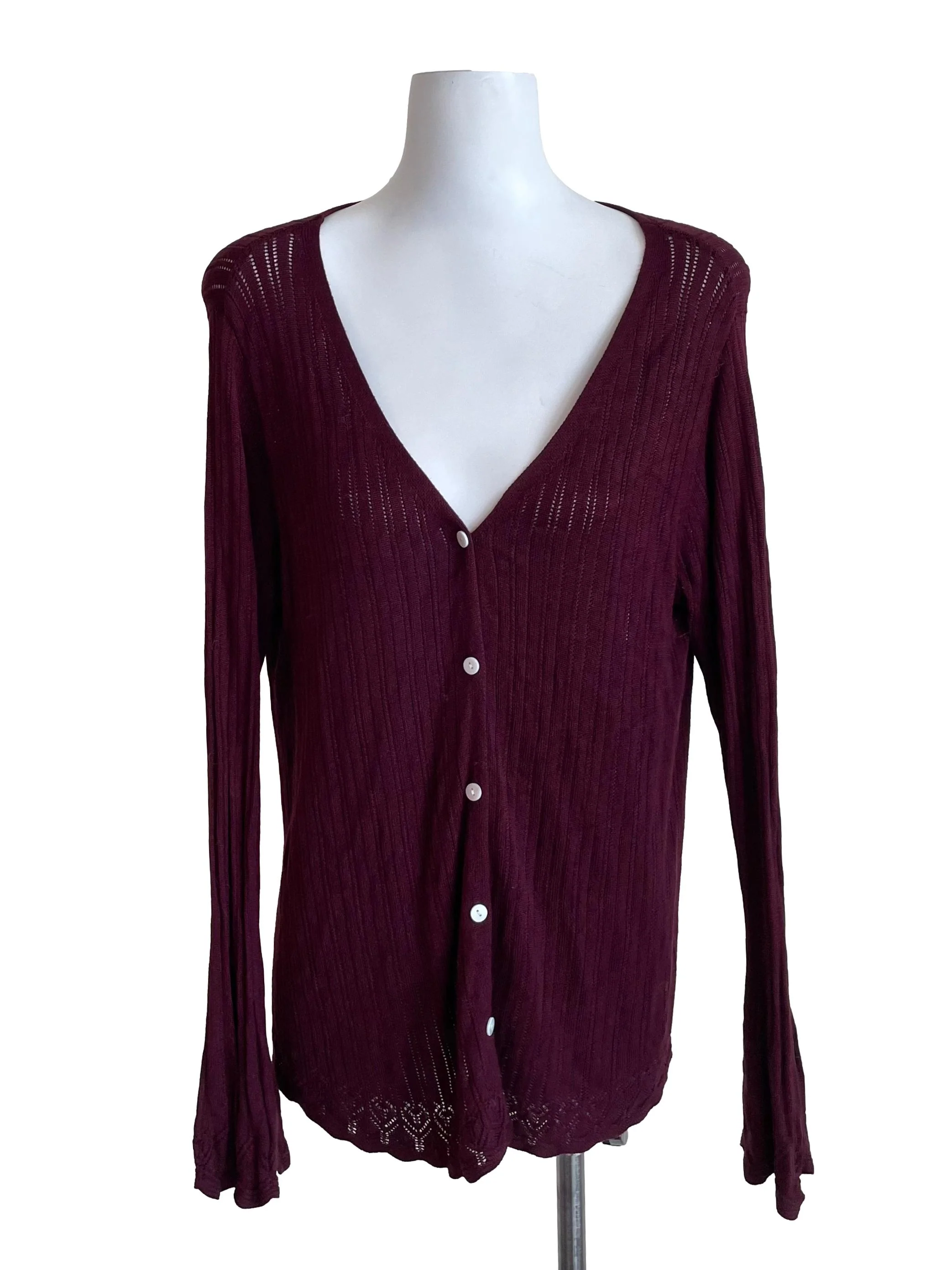 Wine Red Pointelle Long Cardigan