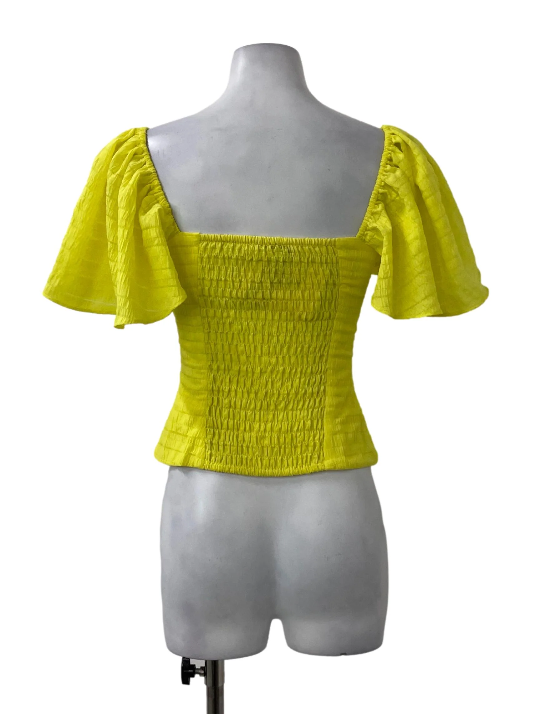 Yellow Textured Structured Puff Sleeve Top - Image 2